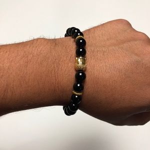 Men’s beaded bracelet Buddha  black gold tones